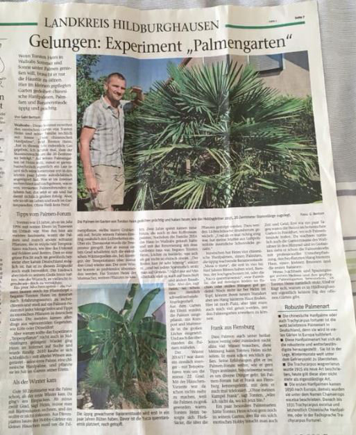 Bericht über Torstens Palmengarten in der örtlichen Tageszeitung