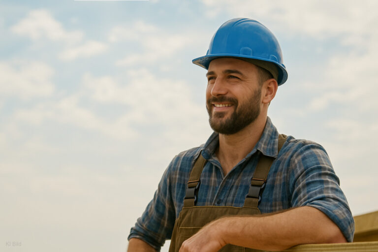 KI Bild - Ein Handwerker mit blauem Helm und Latzhose, steht angelehnt an einem Tisch und lächelt zufrieden da er mehr finanzielle sicherheit durch Dividenden hat.