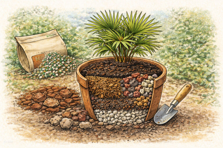 Gezeichnetes Bild von einem Topf mit einer Palme. Dieser ist aufgeschnitten und zeigt das Substrat, oder die Palmenerde und Drainage Schicht sehr anschaulich. Es geht darum die richtige Palmenerde zu finden.